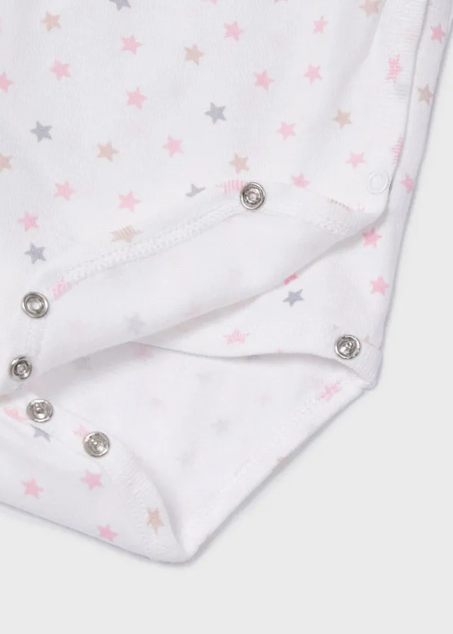 1707 Mayoral Girls Onepiece snap Bodysuit, Eco-Friendly, Pink/Grey Stars