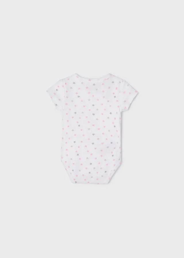 1707 Mayoral Girls Onepiece snap Bodysuit, Eco-Friendly, Pink/Grey Stars