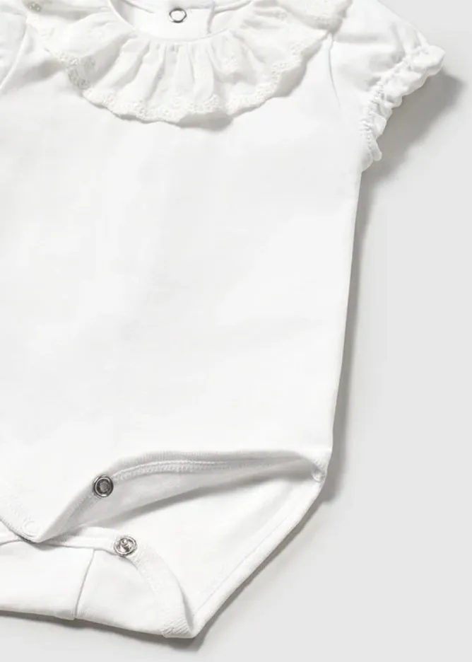 1757 Infant Girls Embroidered Ruffled Collar Snap Bodysuit - White