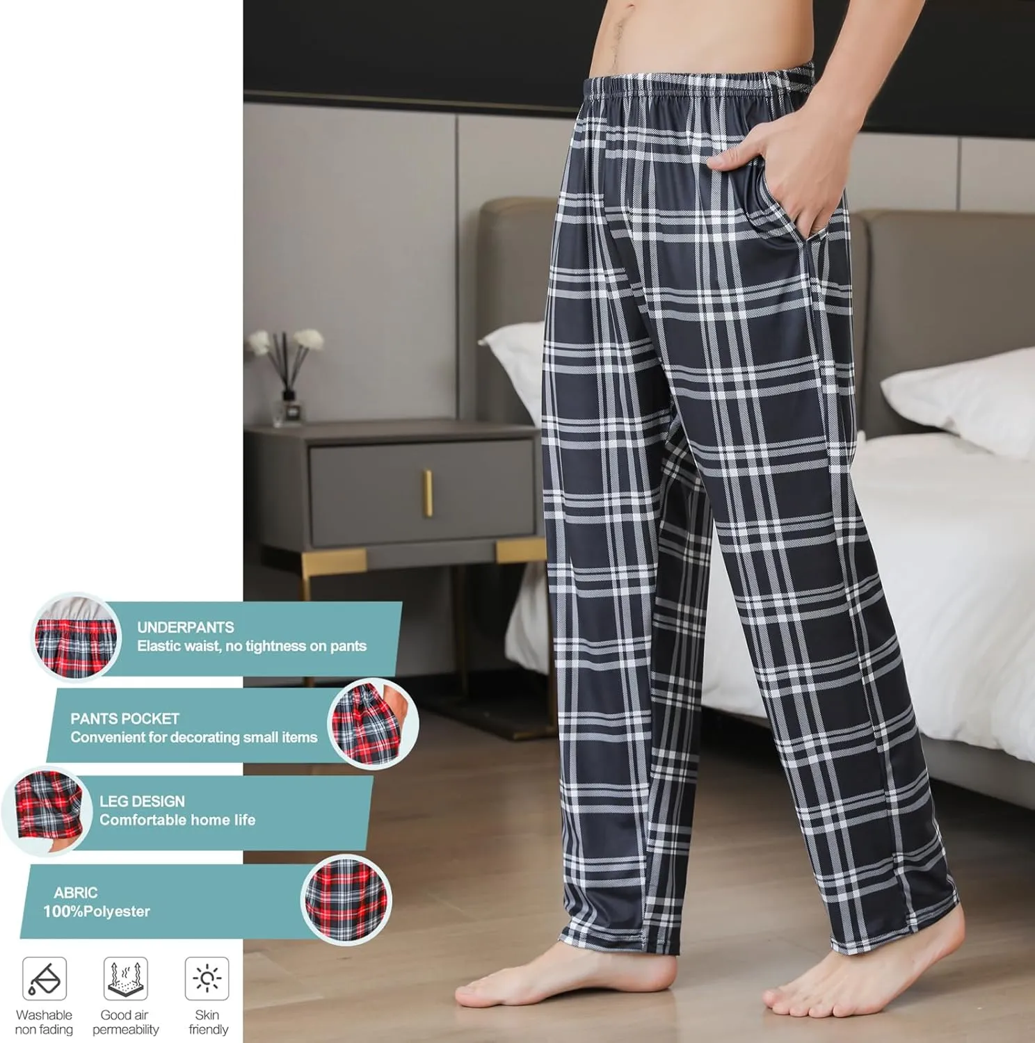 3 Pack Mens Pajama Pants Silk Satin Pj Plaid Loungewear with Pockets Sleep Bottoms Sleepwear Available In Big & Tall