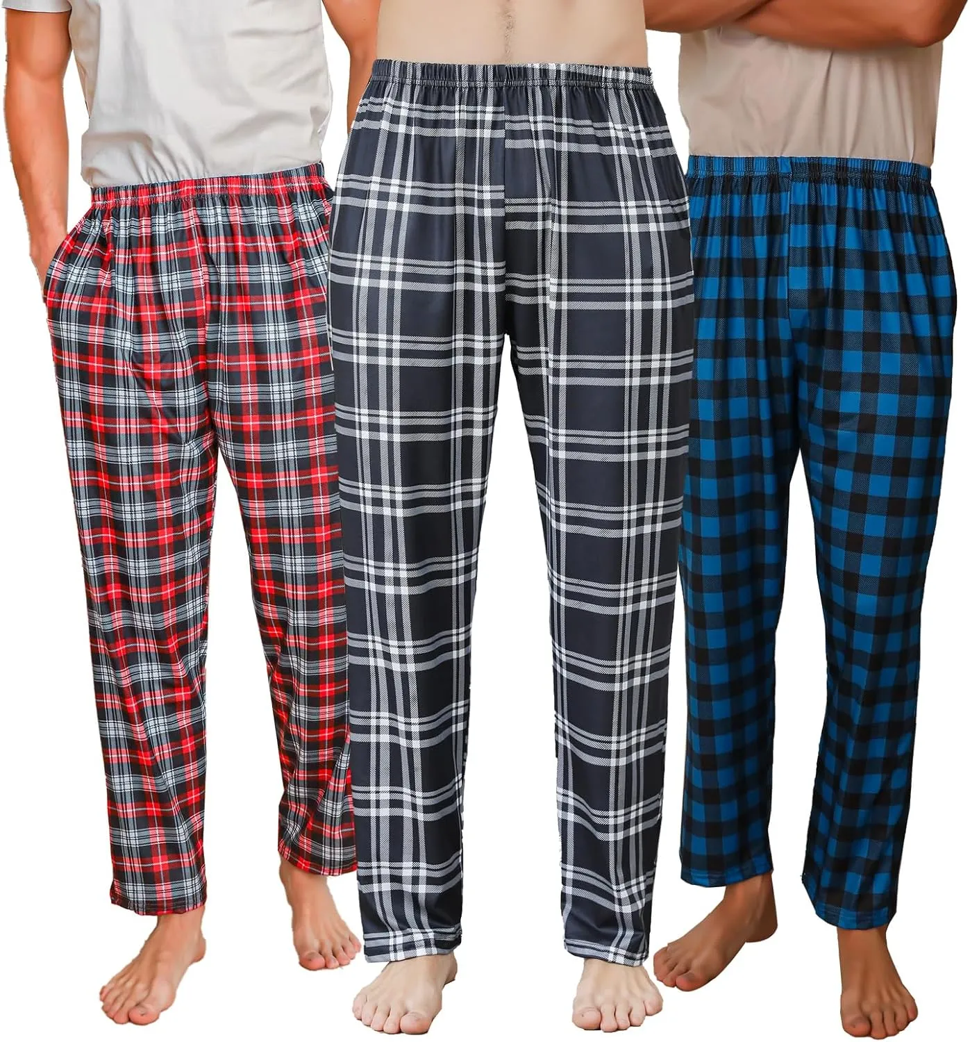 3 Pack Mens Pajama Pants Silk Satin Pj Plaid Loungewear with Pockets Sleep Bottoms Sleepwear Available In Big & Tall