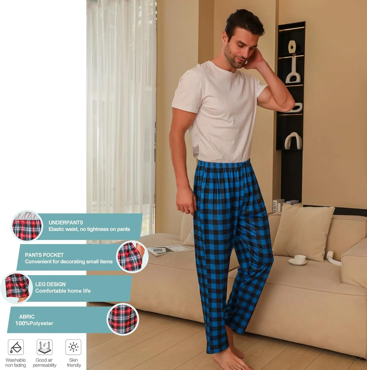 3 Pack Mens Pajama Pants Silk Satin Pj Plaid Loungewear with Pockets Sleep Bottoms Sleepwear Available In Big & Tall