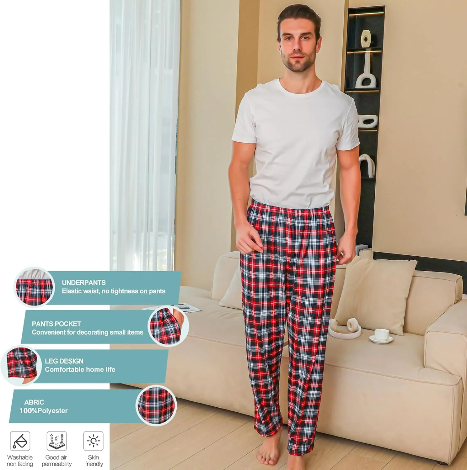 3 Pack Mens Pajama Pants Silk Satin Pj Plaid Loungewear with Pockets Sleep Bottoms Sleepwear Available In Big & Tall