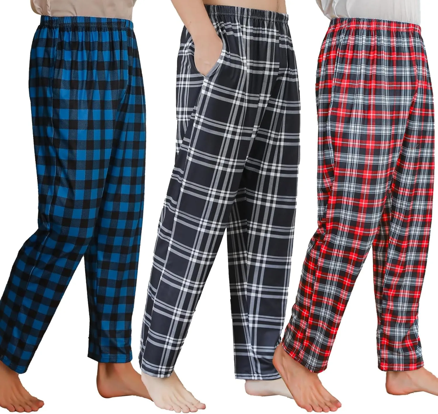 3 Pack Mens Pajama Pants Silk Satin Pj Plaid Loungewear with Pockets Sleep Bottoms Sleepwear Available In Big & Tall