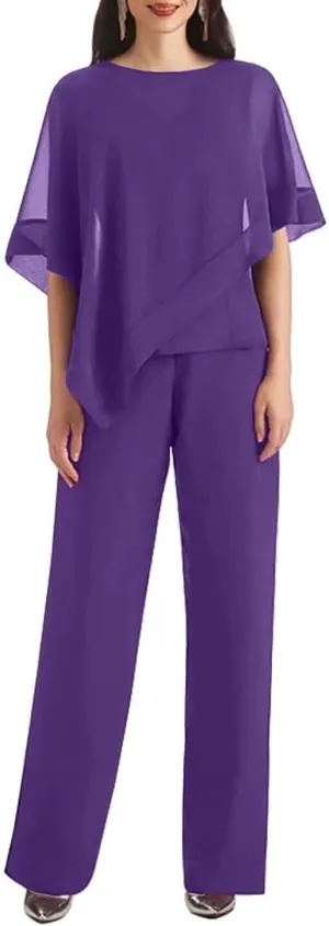 3 Pieces Pantsuits for Women with Cape Sleeve Jacket Chiffon Mother of The Bride Pant Suits Formal Evening Dresses