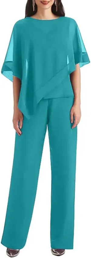3 Pieces Pantsuits for Women with Cape Sleeve Jacket Chiffon Mother of The Bride Pant Suits Formal Evening Dresses
