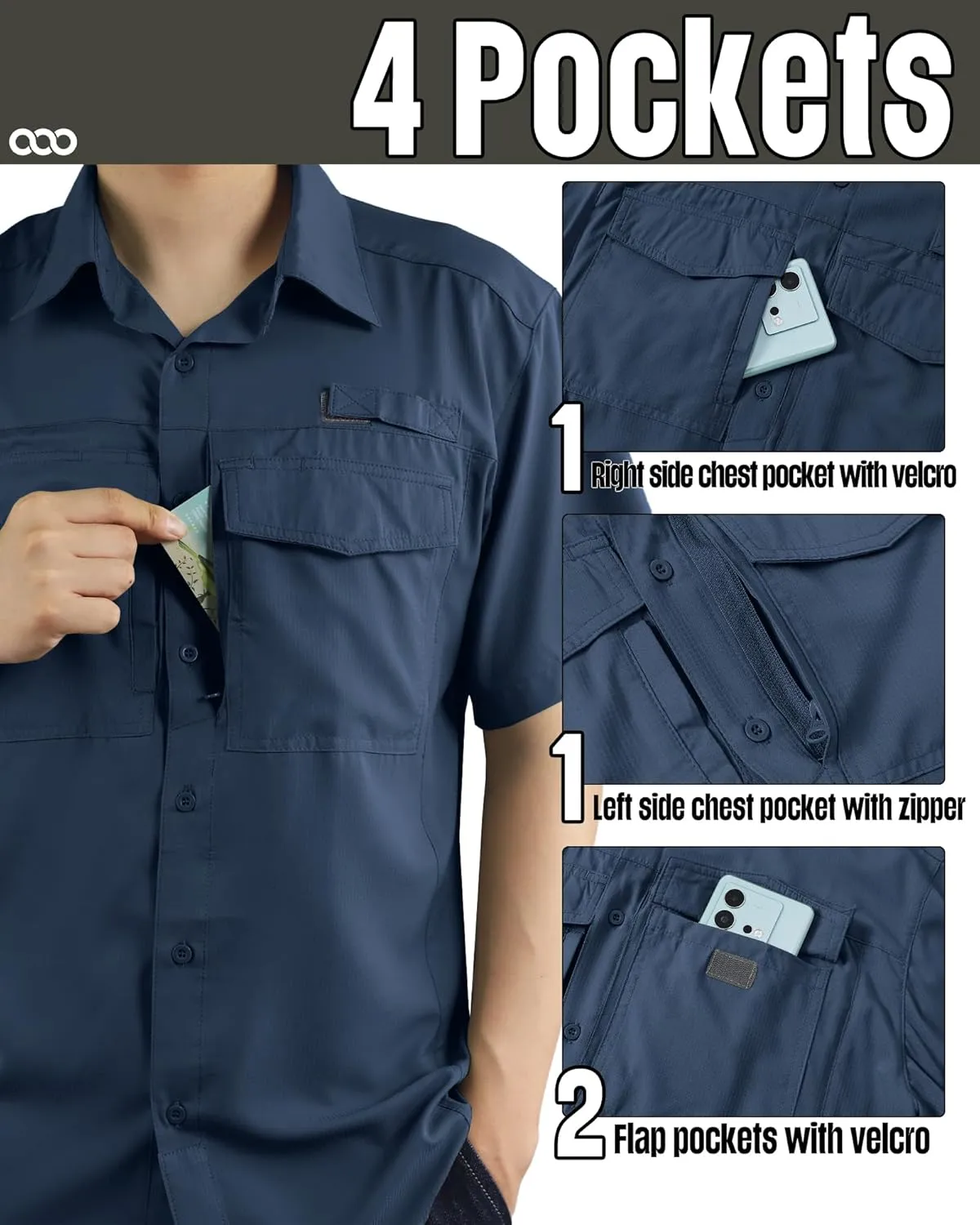 33,000ft Men's Fishing Shirts Lightweight Cool Quick Dry Sun Protection UV Short Sleeve Shirt for Casual Hiking Safari Travel