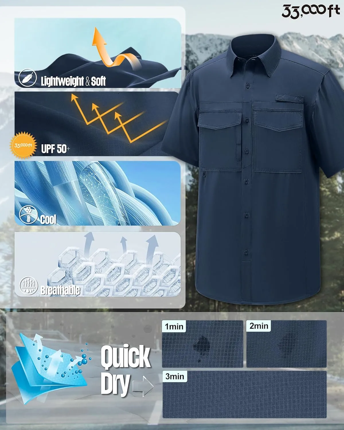 33,000ft Men's Fishing Shirts Lightweight Cool Quick Dry Sun Protection UV Short Sleeve Shirt for Casual Hiking Safari Travel