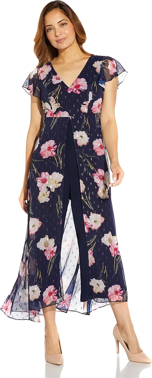 Adrianna Papell womens Floral Print Metallic Jumpsuit