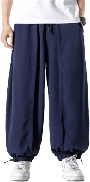 Alloaone Men Wide Crotch Harem Pants Cropped Wide Legged Bloomers Trousers Loose Cotton Linen Loose Pants