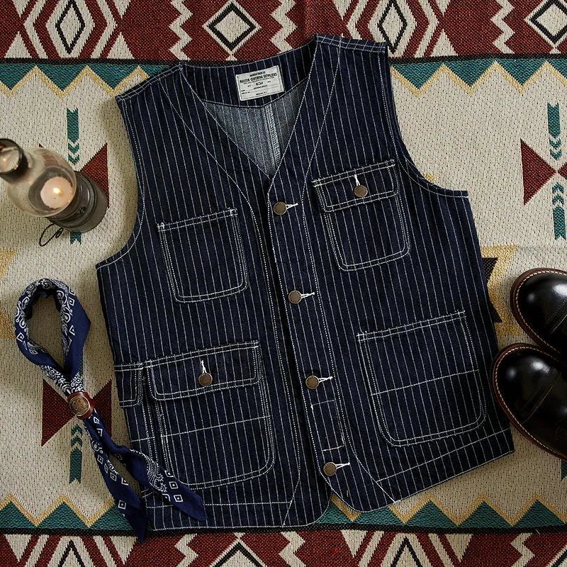 American Western Retro Striped Denim Multi-pocket Cargo Vest