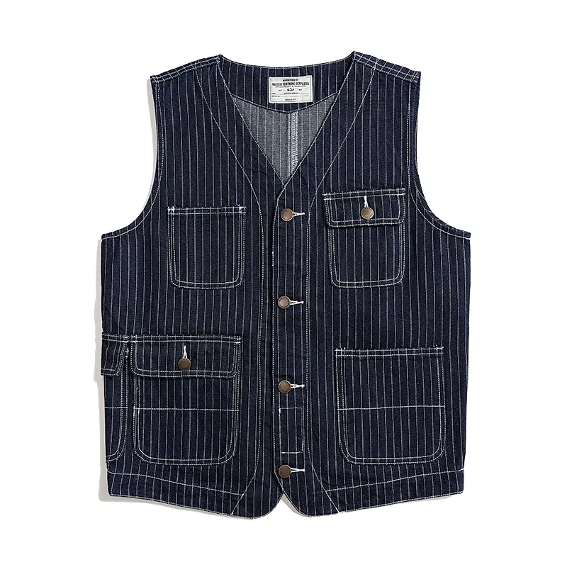 American Western Retro Striped Denim Multi-pocket Cargo Vest