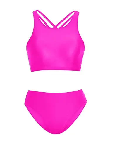 Athletic Two Piece Bikini Sets For Teen Girls Sporty High Neck Bathing Suits-Neon Pink