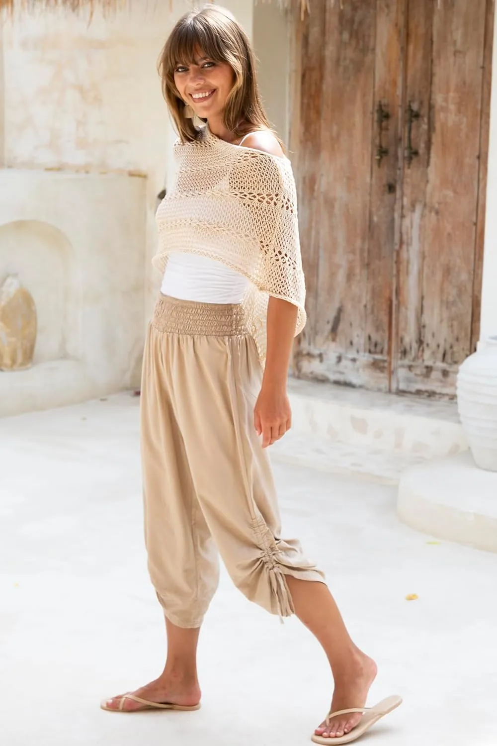 Back From Bali Womens Boho Wide Leg Loose Pants Cropped Rayon Summer Beach Pants Smocked Waist (S-4XL)