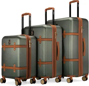 Badgley Mischka Grace 3 Piece Polycarbonate-ABS Expandable Retro Luggage Set (Olive Green)