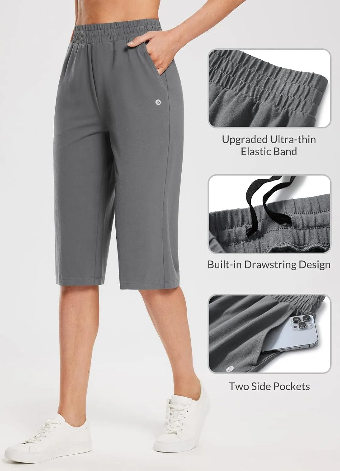 baleaf Women's 15"/17" Cotton Long Shorts Below The Knee with Pockets Drawstring Walking Bermuda Shorts Yoga Capri Pants