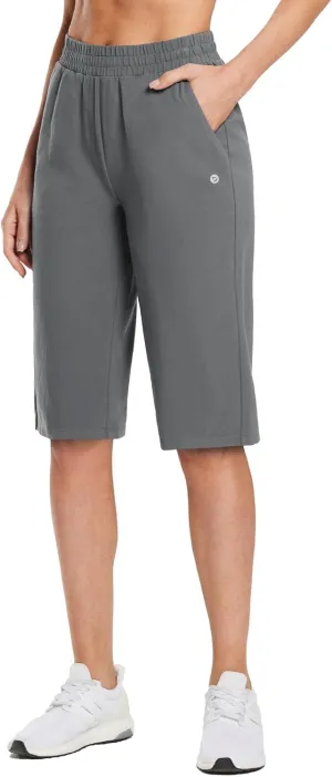 baleaf Women's 15"/17" Cotton Long Shorts Below The Knee with Pockets Drawstring Walking Bermuda Shorts Yoga Capri Pants