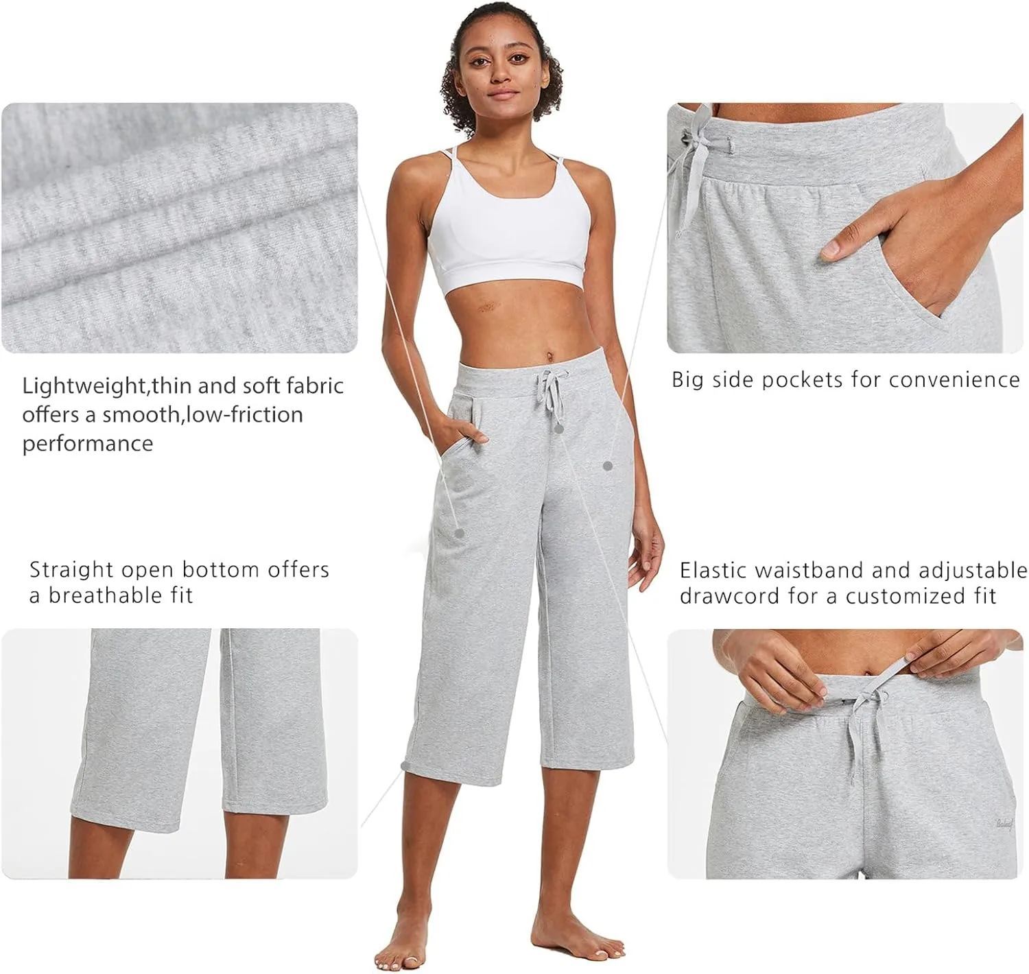 baleaf Women's Capris Yoga Cotton Wide Leg Casual Summer Capri Sweatpants Loose Lounge Workout Crop Pants Pockets