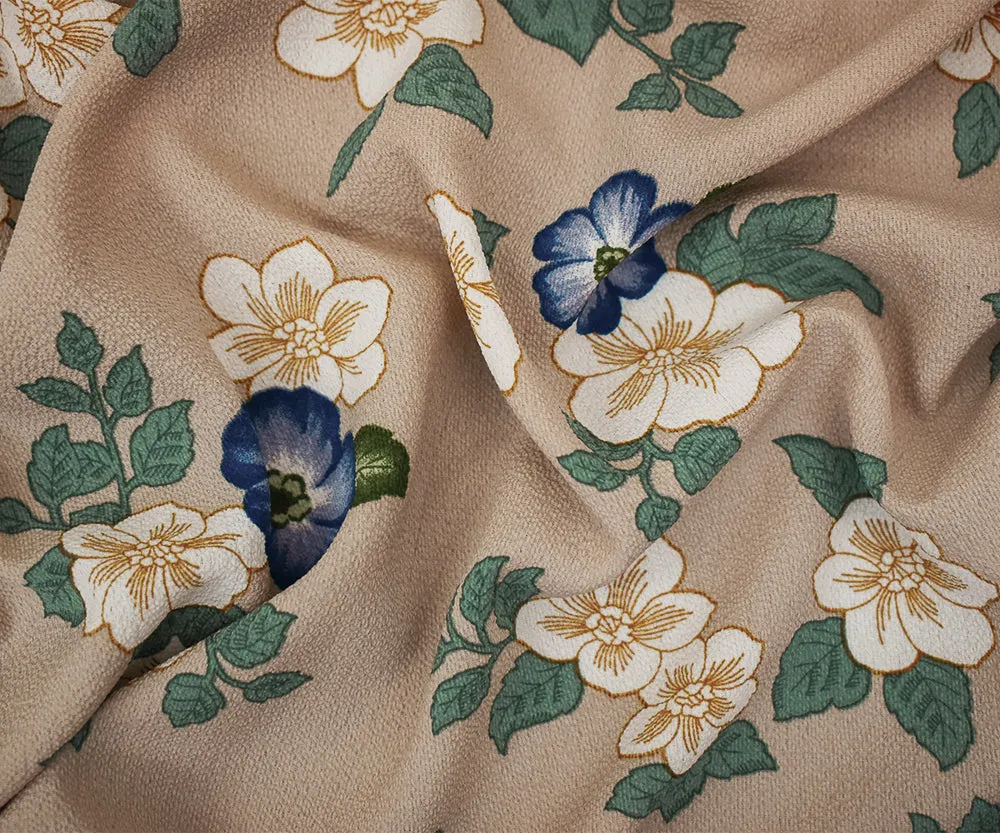 Beige-Blue-Multi Floral Printed Poly Pebble Crepe Georgette Woven Fabric