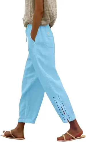 BIRW 2025 Summer Women Linen Pants with Pockets High Waist Comfy White Gauze Pants Casual Lightweight Loose Trousers