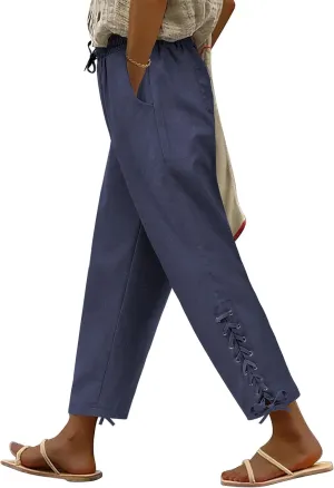 BIRW Womens Linen Pants with Pockets High Waist Comfy White Gauze Pants Casua Lightweight Loose Trousers