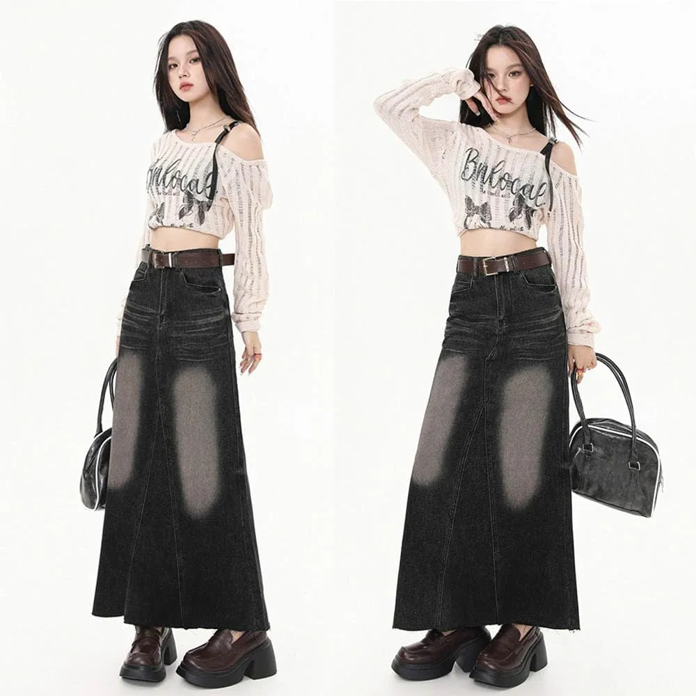 Black Gray Retro high Waisted Denim Skirt with Frayed Edges and Split A-line mid Length Skirt