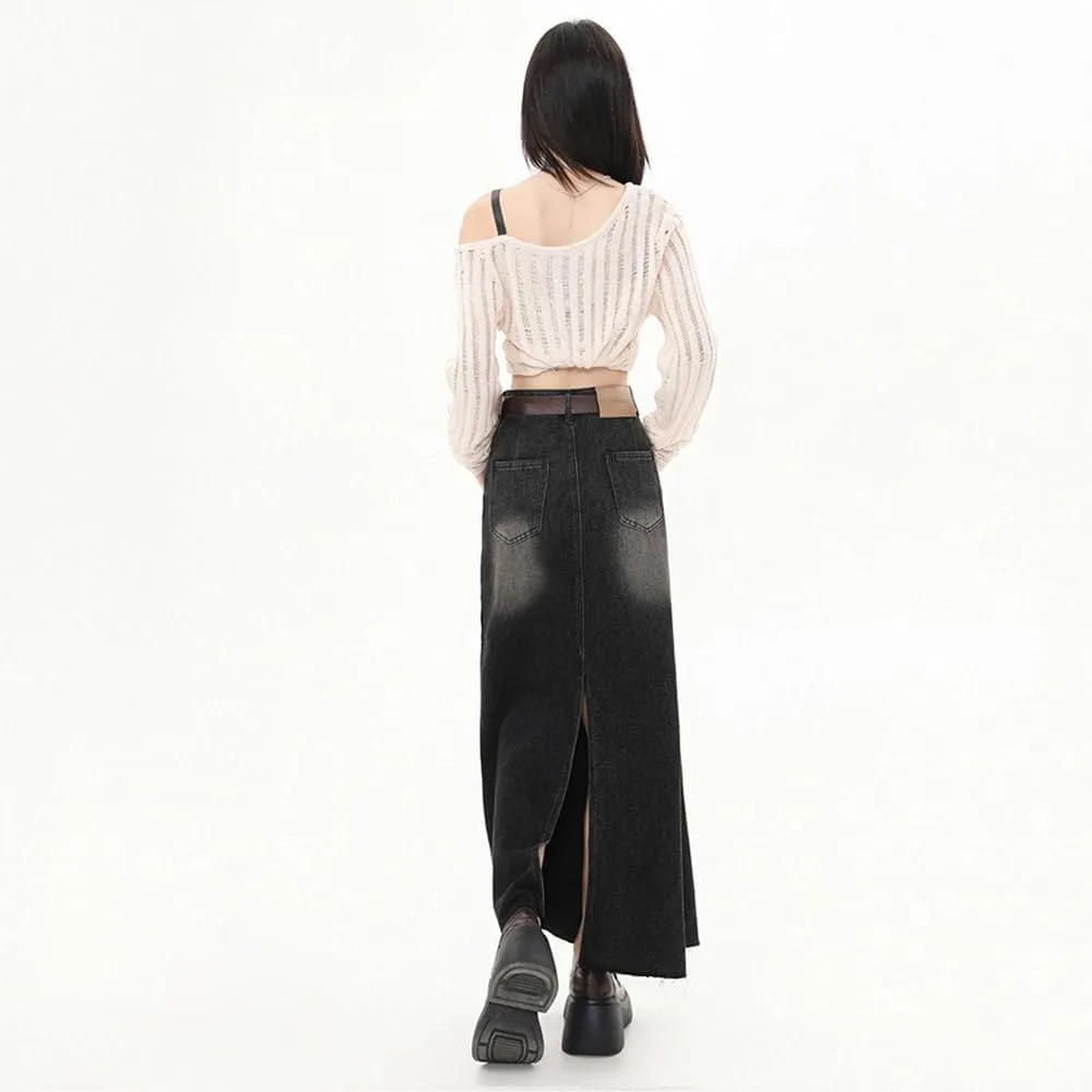 Black Gray Retro high Waisted Denim Skirt with Frayed Edges and Split A-line mid Length Skirt