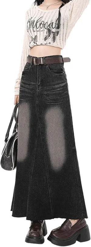 Black Gray Retro high Waisted Denim Skirt with Frayed Edges and Split A-line mid Length Skirt