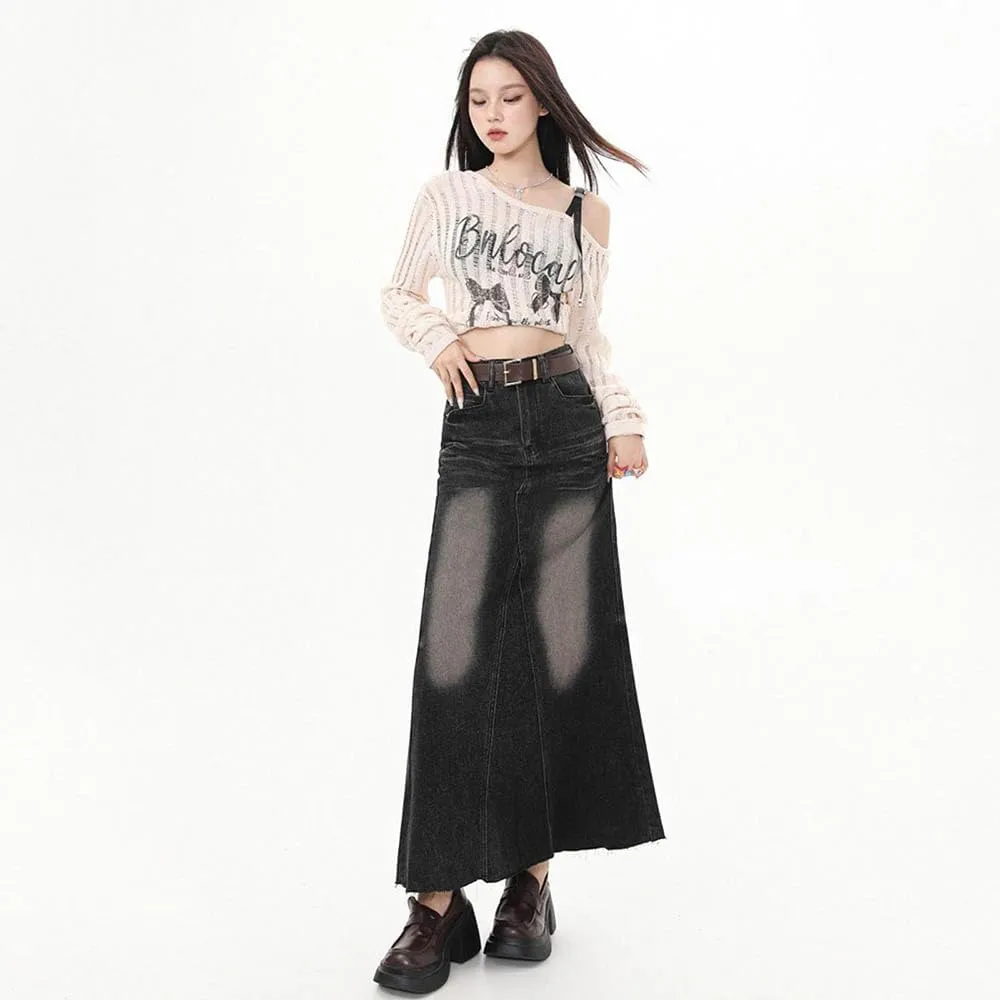 Black Gray Retro high Waisted Denim Skirt with Frayed Edges and Split A-line mid Length Skirt