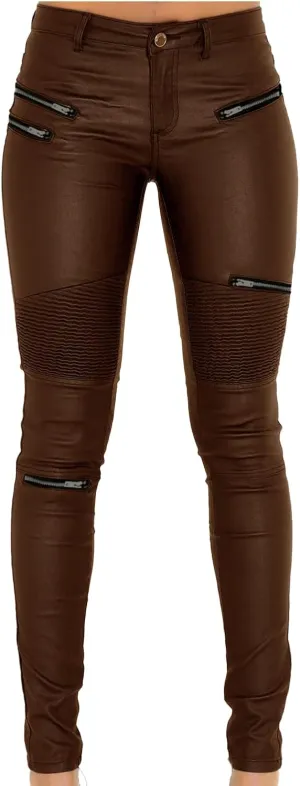 Black Pants PU Leather Coated Denim Pants for Women Sexy Tight Stretchy Rider Leggings