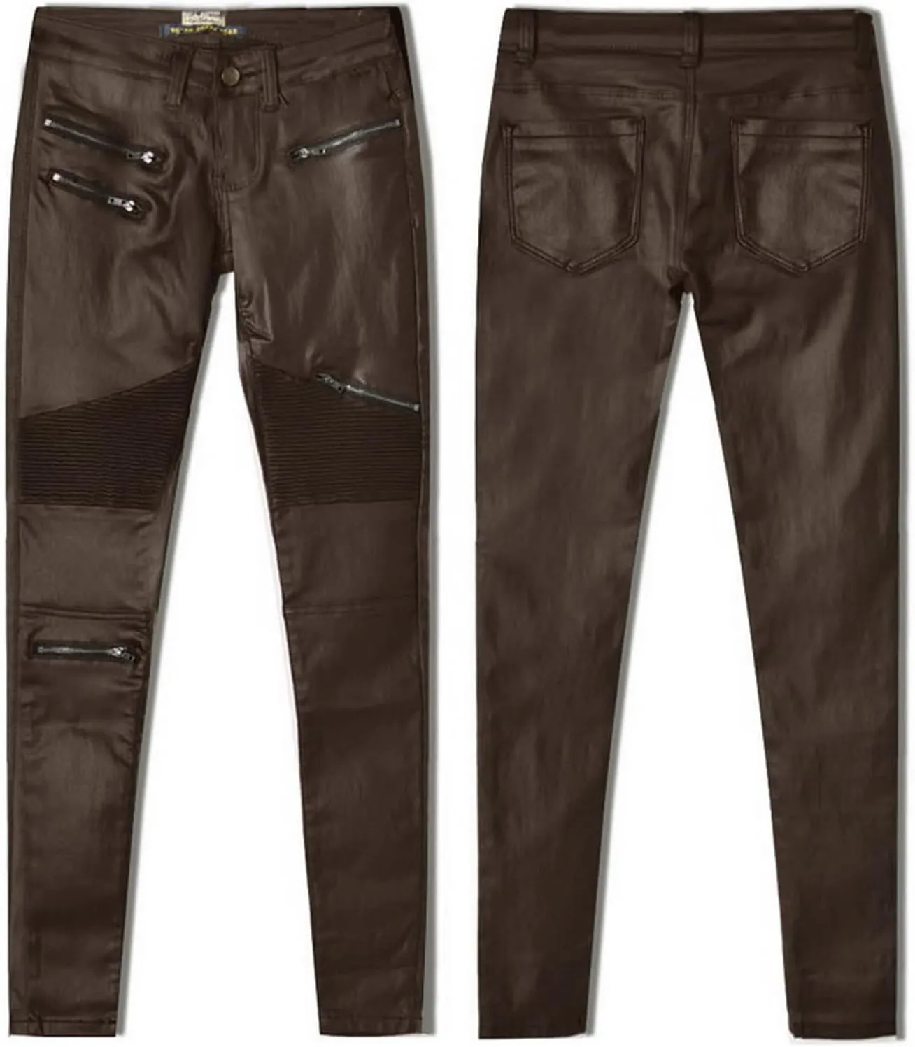 Black Pants PU Leather Coated Denim Pants for Women Sexy Tight Stretchy Rider Leggings