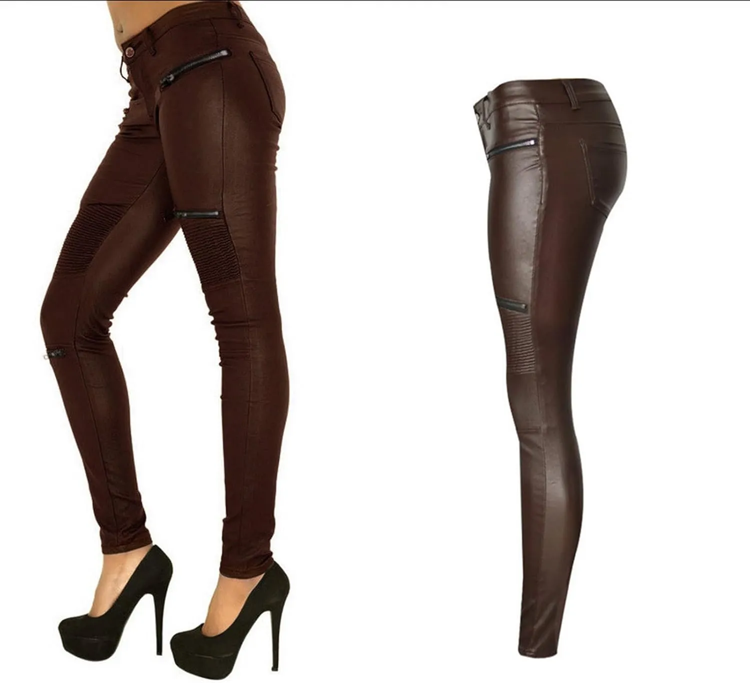 Black Pants PU Leather Coated Denim Pants for Women Sexy Tight Stretchy Rider Leggings