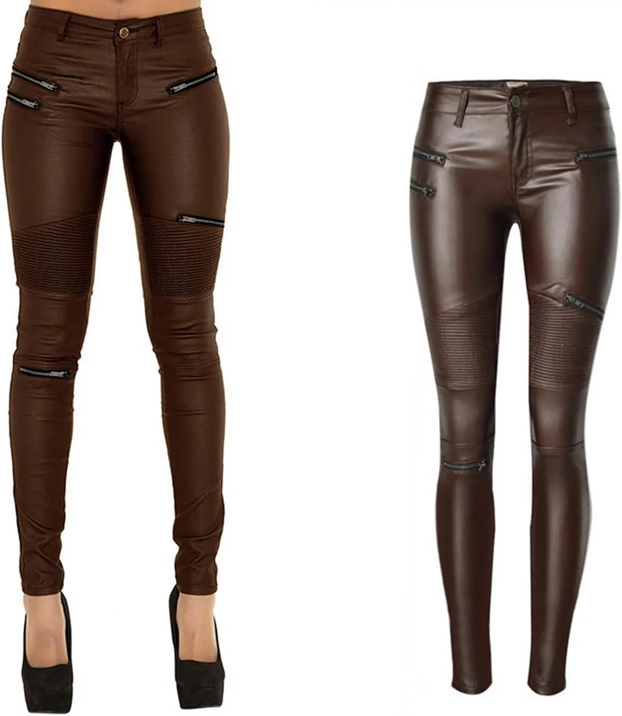 Black Pants PU Leather Coated Denim Pants for Women Sexy Tight Stretchy Rider Leggings