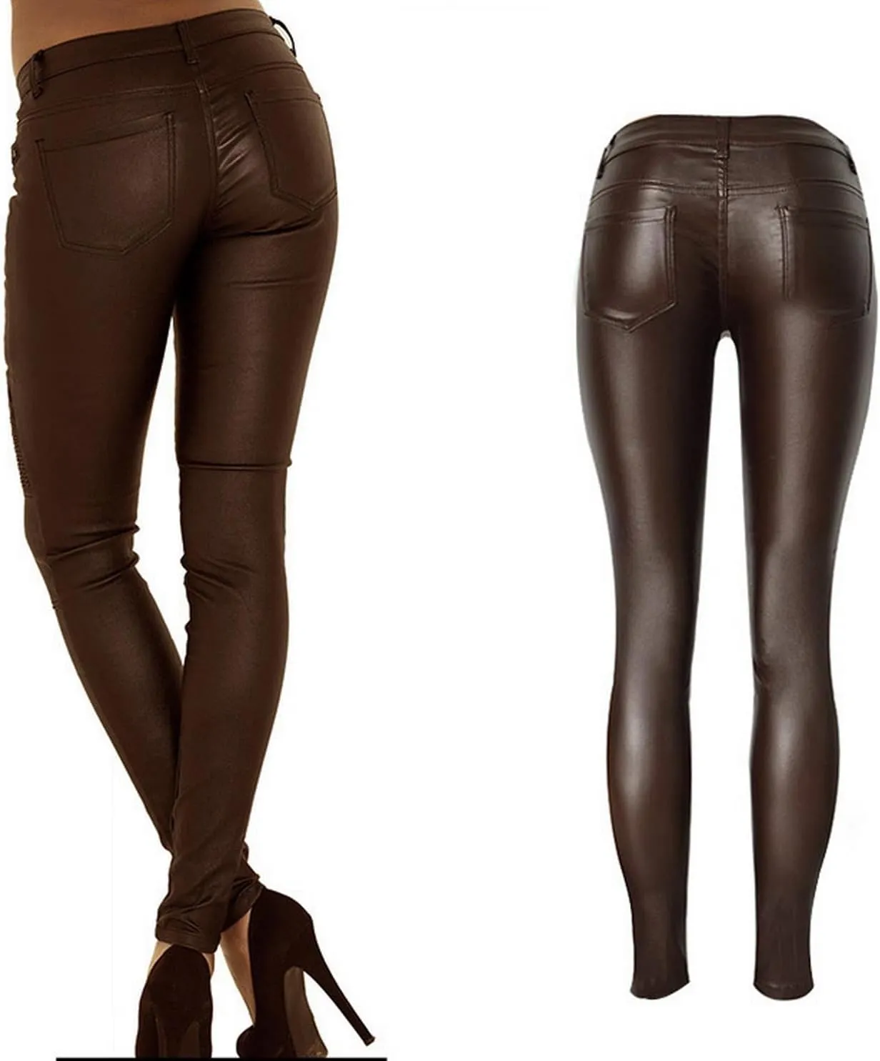 Black Pants PU Leather Coated Denim Pants for Women Sexy Tight Stretchy Rider Leggings