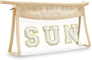 Boho Hand-woven Makeup Bag, Chenille Letter Patch Clear Travel Pouch, Rattan Straw Bag Clear Cosmetic Sunscreen Bags, Women Summer Retro Travel Beach Bag Beach Essentials (Boho_Beige-Sun)