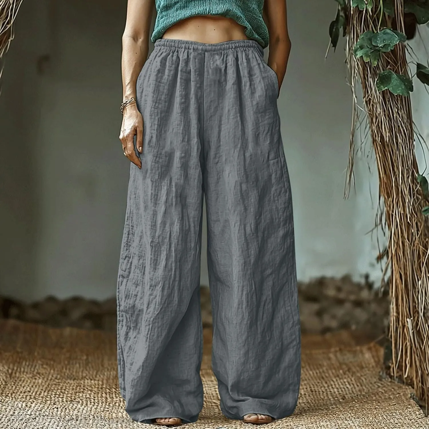 Boho Pants for Women 2025 Summer Wide Leg Linen Pants High Waist Floral Casual Loose Palazzo Trousers with Pockets