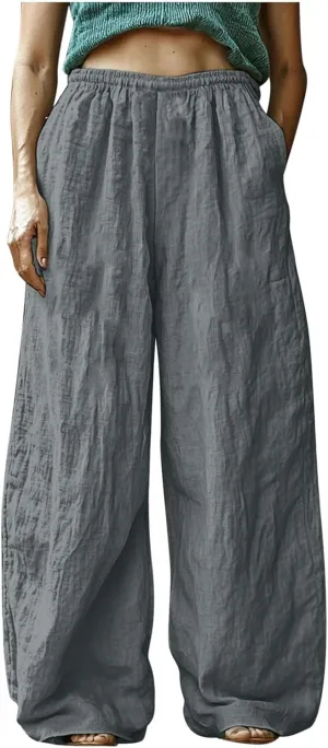 Boho Pants for Women 2025 Summer Wide Leg Linen Pants High Waist Floral Casual Loose Palazzo Trousers with Pockets