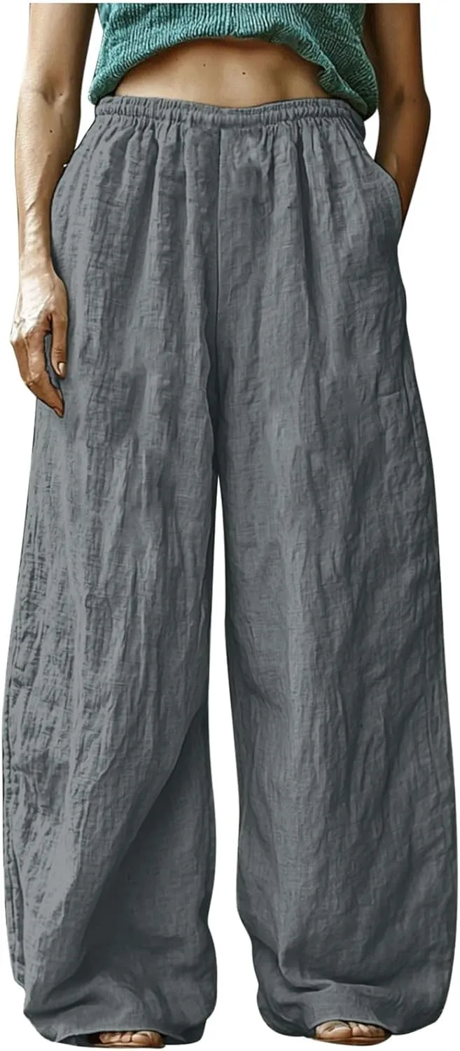 Boho Pants for Women 2025 Summer Wide Leg Linen Pants High Waist Floral Casual Loose Palazzo Trousers with Pockets