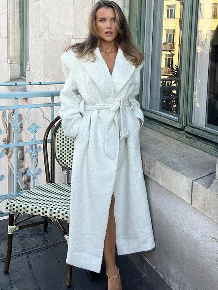Bonnyshow Winter Plush Warm Thick Women's Coat Fashion Retro Turndown Collar Long Sleeve Long Coats Solid Color Casual Loose Overcoat