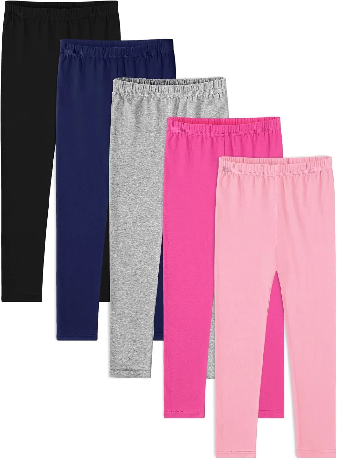 BOOPH 5 Pack Girls Leggings Cotton Full Length Stretchy Kids Pants Footless 5-14 Years