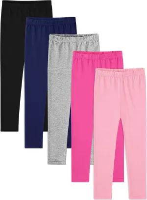BOOPH 5 Pack Girls Leggings Cotton Full Length Stretchy Kids Pants Footless 5-14 Years