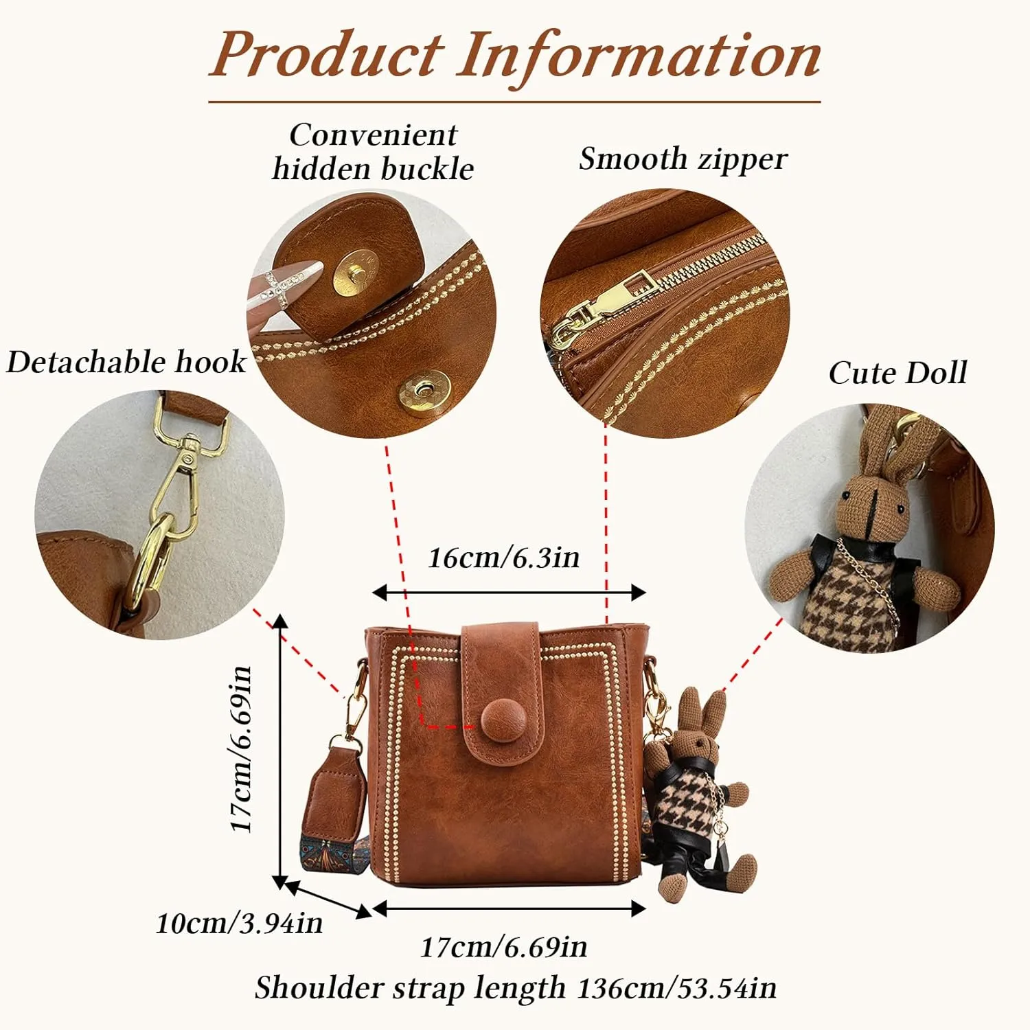 Bootara Bucket Bag, Bootara Women's Vintage Bunny Charm Bucket Bag  Convertible Shoulder Crossbody (Brown)