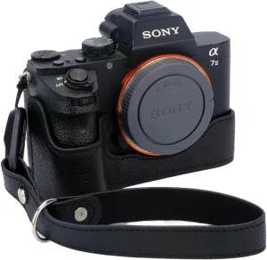 Bowan for Sony a7 III ILCE7M3/B Camera Case,Handmade Genuine Real Leather Half Camera Case Bag Cover for A7 Mark III, A7R III, A9 A7 II, A7R II Camera Bottom Opening Version   Hand Strap (Black)