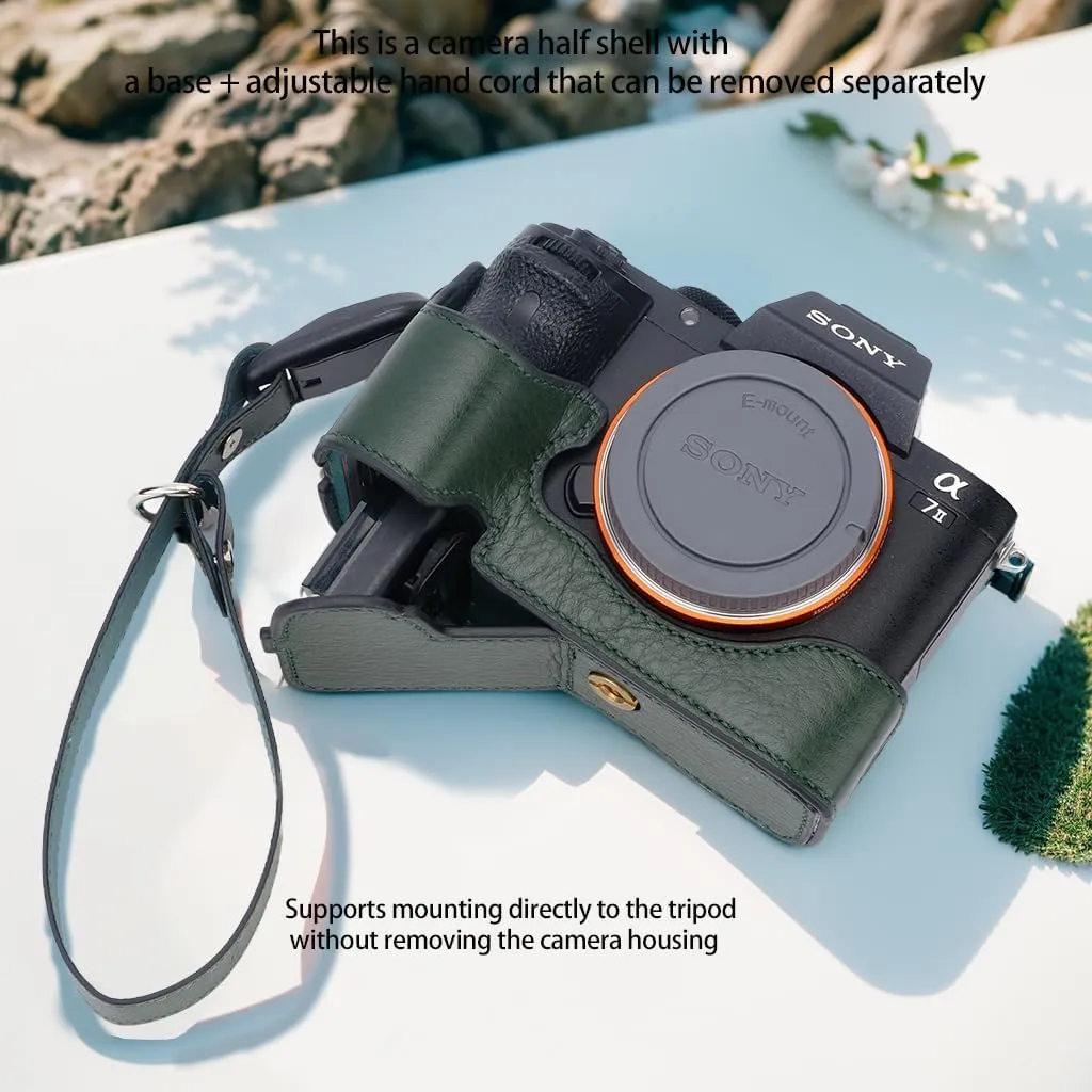 Bowan for Sony a7 III ILCE7M3/B Camera Case,Handmade Genuine Real Leather Half Camera Case Bag Cover for A7 Mark III, A7R III, A9 A7 II, A7R II Camera Bottom Opening Version   Hand Strap (Green)