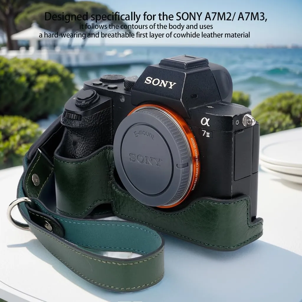 Bowan for Sony a7 III ILCE7M3/B Camera Case,Handmade Genuine Real Leather Half Camera Case Bag Cover for A7 Mark III, A7R III, A9 A7 II, A7R II Camera Bottom Opening Version   Hand Strap (Green)