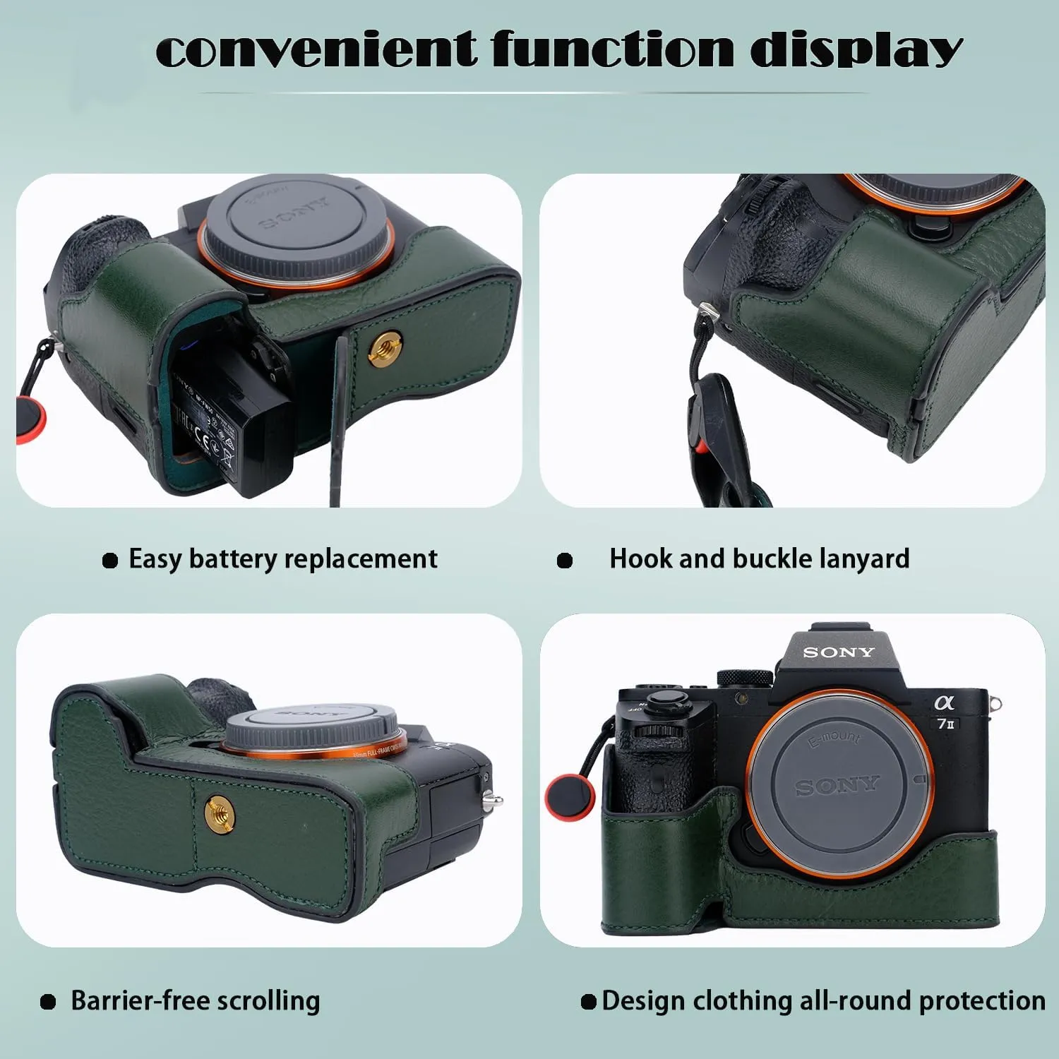 Bowan for Sony a7 III ILCE7M3/B Camera Case,Handmade Genuine Real Leather Half Camera Case Bag Cover for A7 Mark III, A7R III, A9 A7 II, A7R II Camera Bottom Opening Version   Hand Strap (Green)