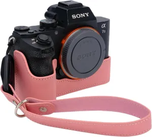 Bowan for Sony a7 III ILCE7M3/B Camera Case,Handmade Genuine Real Leather Half Camera Case Bag Cover for A7 Mark III, A7R III, A9 A7 II, A7R II Camera Bottom Opening Version   Hand Strap (Pink)