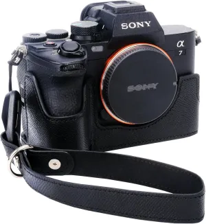 Bowan for Sony A7 Mark IV Camera Case,Handmade Genuine Real Leather Half Camera Case Bag Cover for A7IV A7M IV A7M4 A7 Mark IV A7RV A7R5 Camera Bottom Opening Version   Hand Strap (Black)