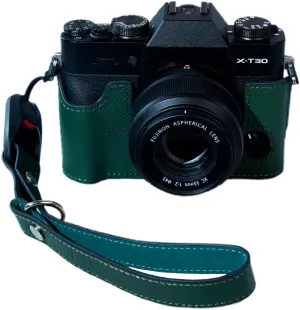Bowan X-T30 Camera Case, Handmade Genuine Real Leather Half Camera Case Bag Cover for X-T20 X-T10 Camera Bottom Opening Version   Hand Strap(Green)