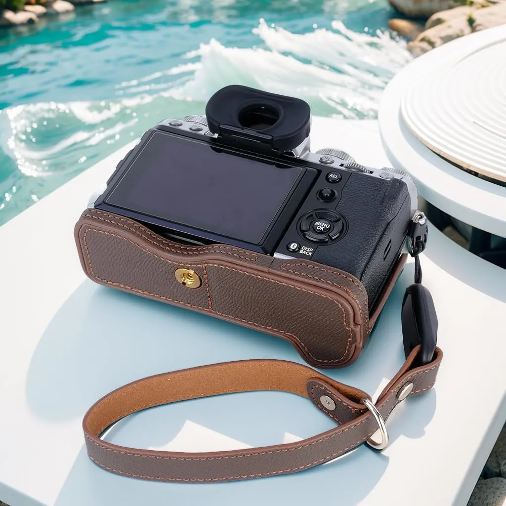 Bowan X-T5 Camera Case, Handmade Genuine Real Leather Half Camera Case Bag Cover for Fujifilm Fuji X-T5 X-T5 Camera Bottom Opening Version   Hand Strap (coffee)